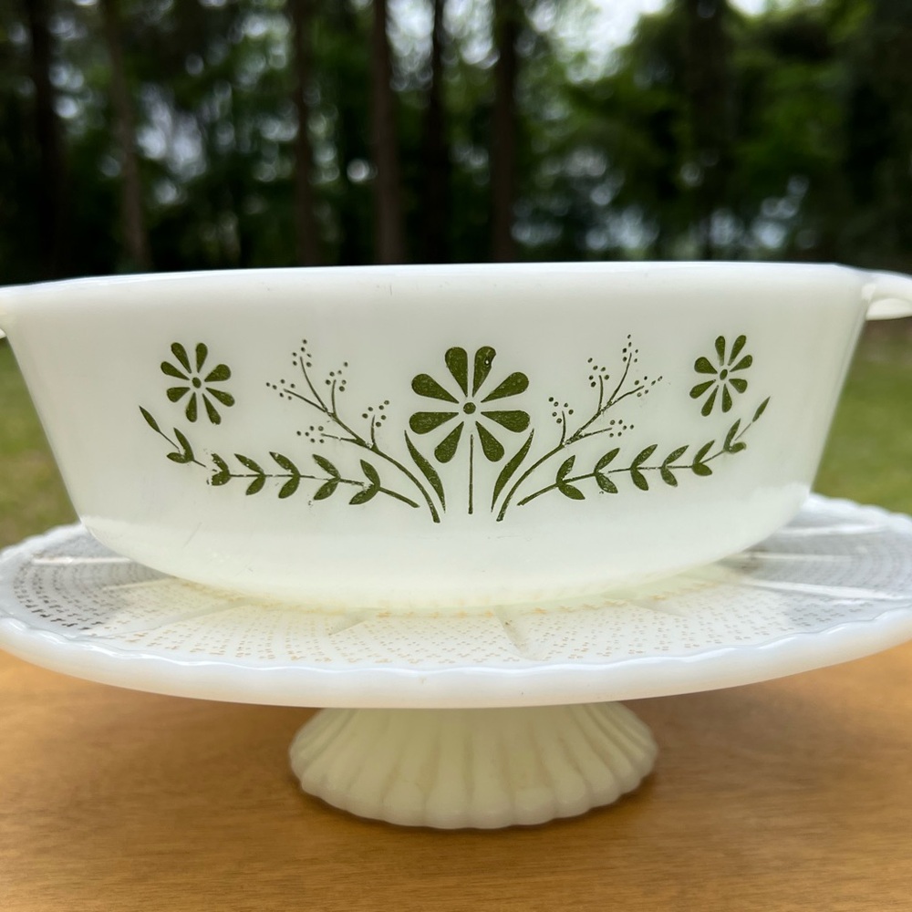 Vintage Pyrex milk glass green flowers Glasbake Crazy Daisy Casserole 437